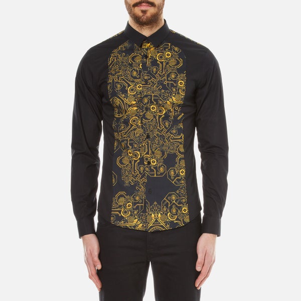 Versace Jeans Men's Printed Mechanical Baroque Panelled Long Sleeve Shirt - Black
