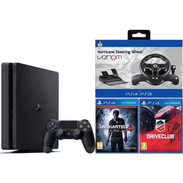 PlayStation 4 Slim 500GB with Uncharted 4, Drive Club, Assetto Corsa and Steering Wheel