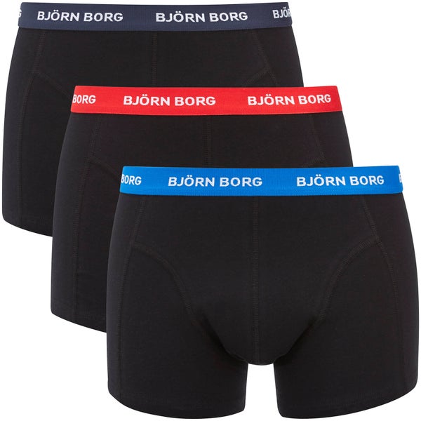 Bjorn Borg Men's Three Pack Solid Boxer Shorts with Contrast White Waistband - Black