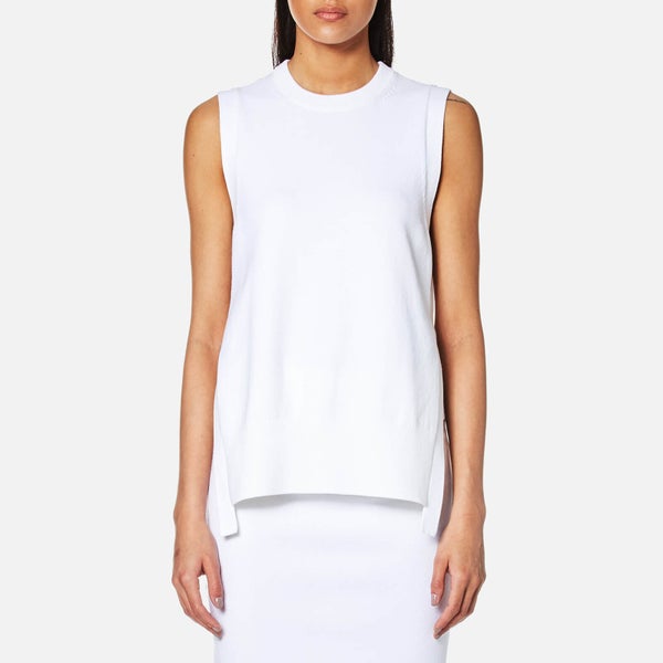 DKNY Women's Sleeveless Crew Neck Mixed Media Top with Side Slits - White