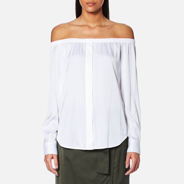 DKNY Women's Long Sleeve Off the Shoulder Button Through Shirt - White
