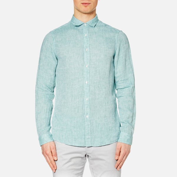 Michael Kors Men's Slim Yarn Dye Linen Solid Long Sleeve Shirt - Lagoon