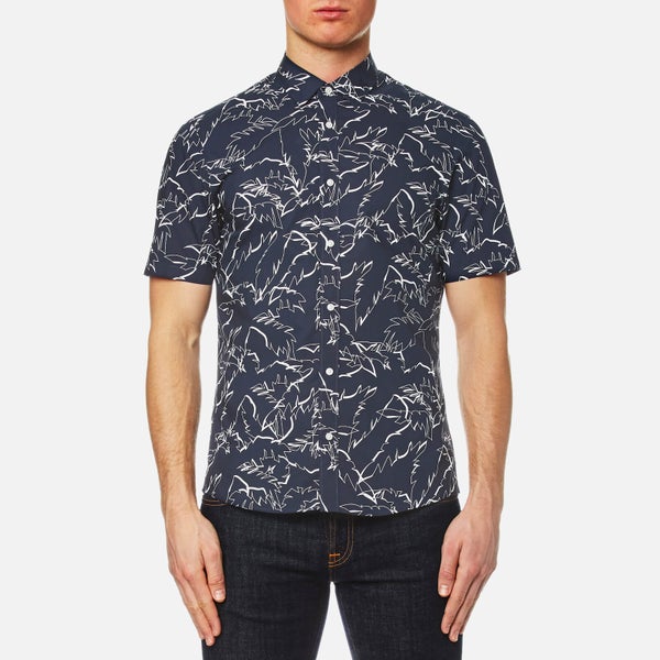 Michael Kors Men's Slim Fit Palm Print Short Sleeve Shirt - Navy