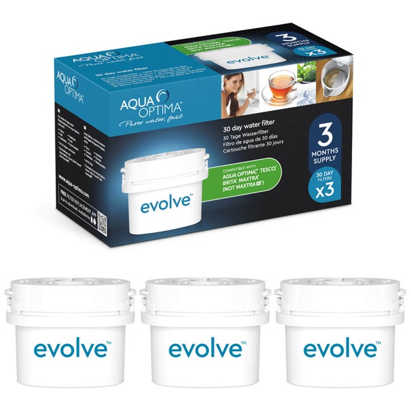 Aqua Optima 3 x 30 Day Evolve Water Filter Cartridges Fits BRITA MAXTRA Jugs (3 Month Pack)