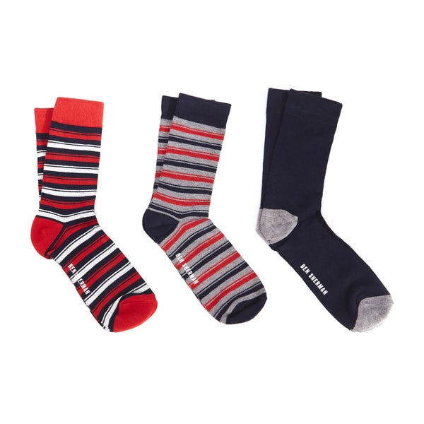 Ben Sherman Men's Lyne 3 Pack Socks - Red/White/Navy - UK 7 - 11