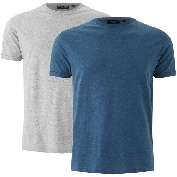 Brave Soul Men's 2 Pack Vardan T-Shirt - Light Grey Marl/Vintage Blue Marl