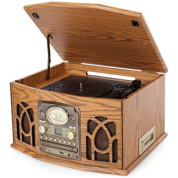 iTek Retro Antique Vintage 5-in-1 Music System (Cassette, CD, Radio, Headphone Jack and Turntable) - Wood