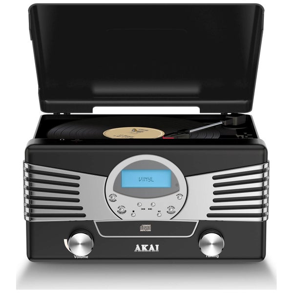 Akai Retro 4-in-1 USB Encoding Turntable Music System (Radio, CD, Vinyl, USB) - Black