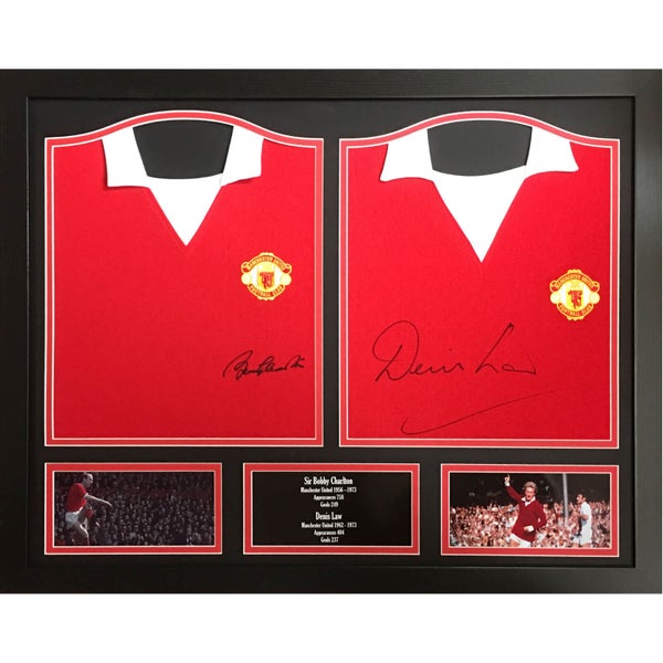 Bobby Charlton and Denis Law Signed and Framed Shirts