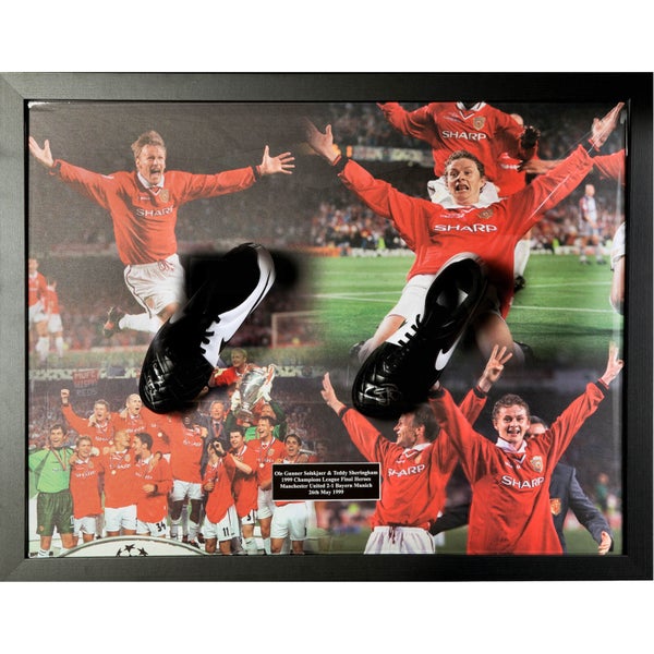 Teddy Sheringham and Ole Gunnar Solksjaer Signed and Framed Boot with Domed Frame Finish