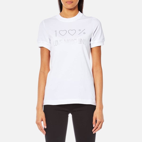 Love Moschino Women's 100 Percent Crystal Logo T-Shirt - White