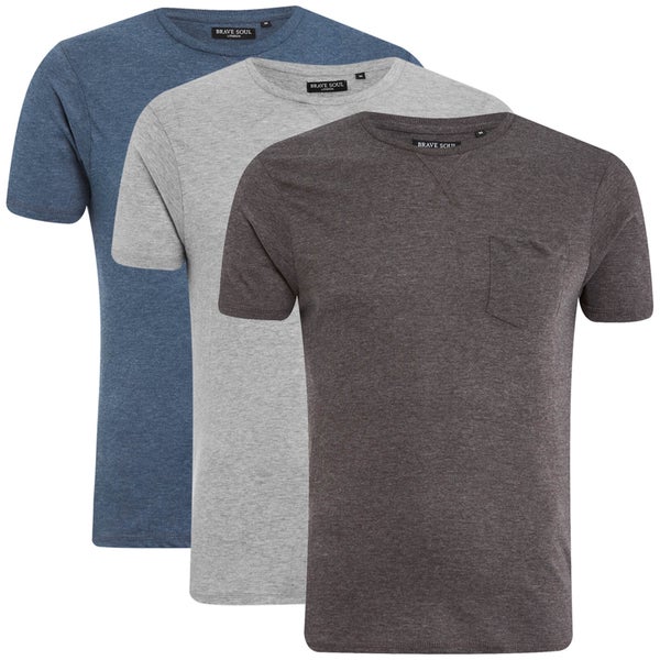 Brave Soul Men's Arkham 3 Pack T-Shirt - Blue/Charcoal/Grey