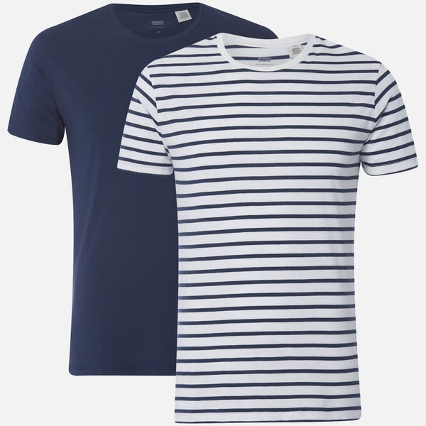 Levi's Men's Slim 2 Pack Crew T-Shirt - Dress Blues/Striped Marshmallow