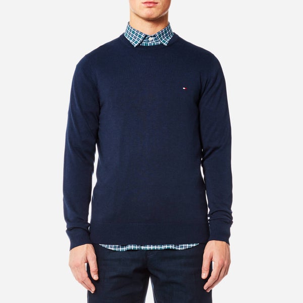 Tommy Hilfiger Men's Plaited Cotton Silk Crew Neck Knitted Jumper - Maritime Blue Heather