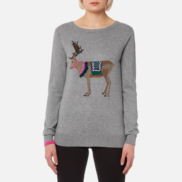 Joules Women's Festive Luxe Embellished Intarsia Jumper - Grey Reindeer