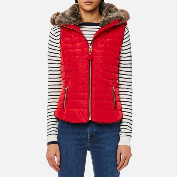 Joules Women's Melbury Padded Gilet with Faux Fur Hood - Red