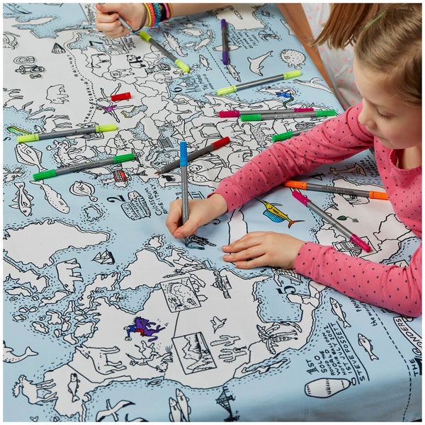 Doodle World Map Tablecloth with 10 Wash Out Pens
