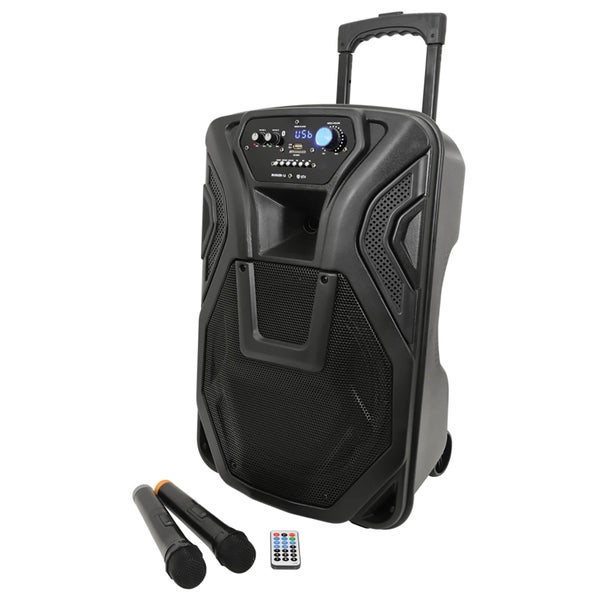 QTX Busker Bluetooth PA System with 2x VHF Mics and Built-in Trolley - Black (12 Inch Driver)