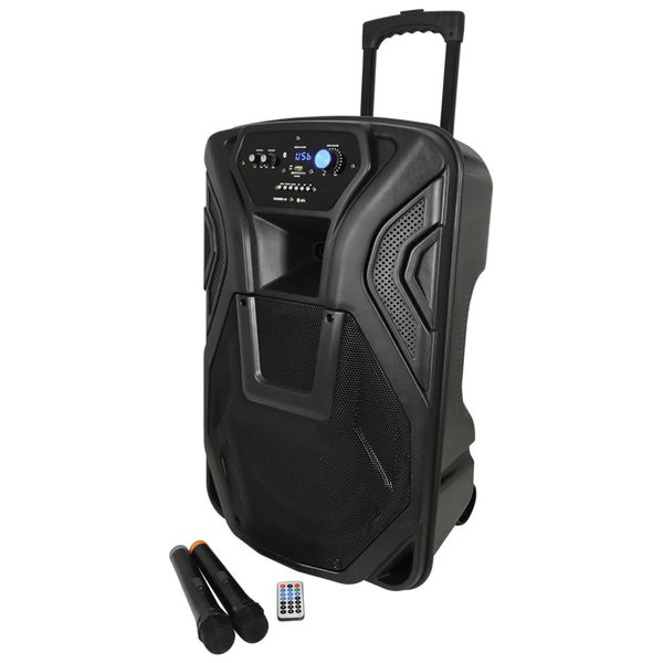 QTX Busker Bluetooth PA System with 2x VHF Mics and Built-in Trolley - Black (15 Inch Driver)