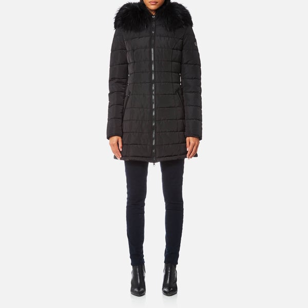 Froccella Women's Long Coat with Coloured Big Fur Collar - Black