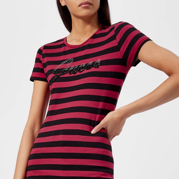 Guess Women's Shiny Logo T-Shirt - Claret/Black Stripes
