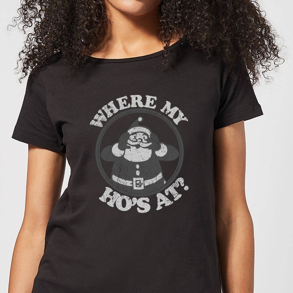 Camiseta Navidad Papá Noel "Where My Ho's At?" - Mujer - Negro