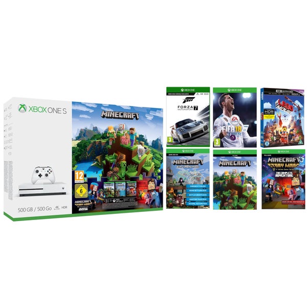 Xbox One S 500GB with Minecraft Complete Adventure, Forza 7, FIFA 18 & The LEGO Movie 4K Ultra HD Blu-ray
