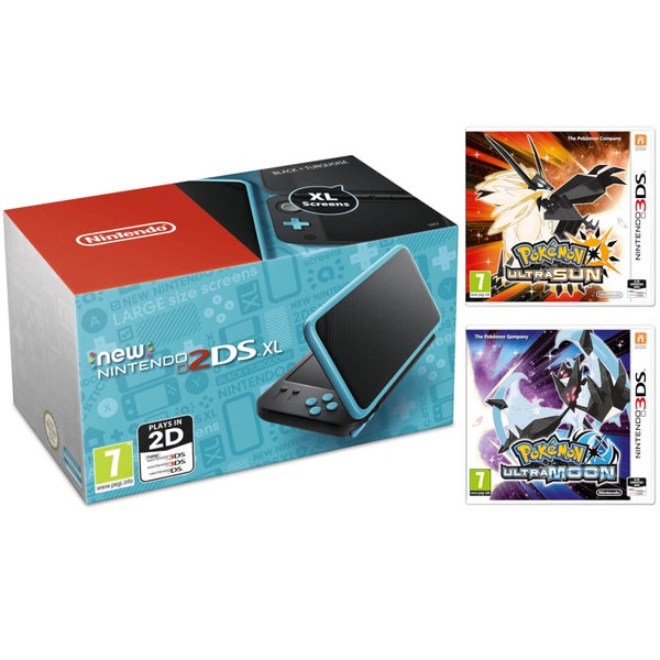 New Nintendo 2DS XL Black & Turquoise with Pokémon Ultra Sun & Moon