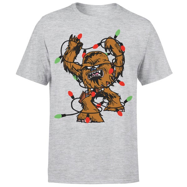 Star Wars Christmas Chewbacca Tangled Fairy Lights Grey T-Shirt