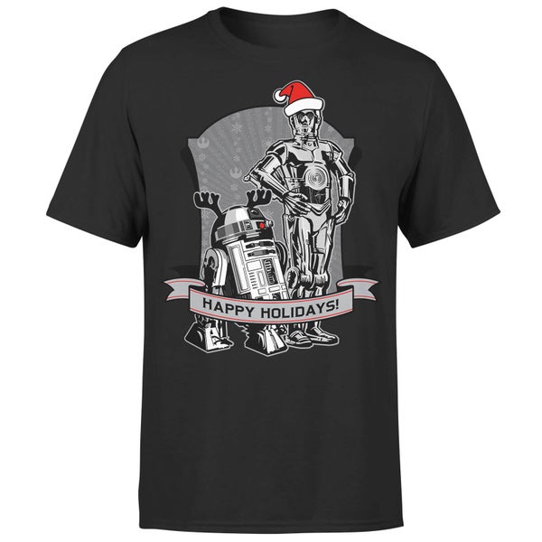 Star Wars Droids Happy Holidays Kerst T-Shirt- Zwart