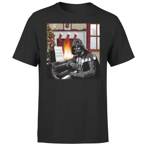 Star Wars Darth Vader Piano Spelend Kerst T-Shirt- Zwart