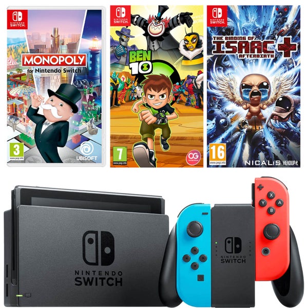 Nintendo Switch Console with Neon Red/Blue Joy-Con, The Binding of Issac, Monopoly & Ben 10