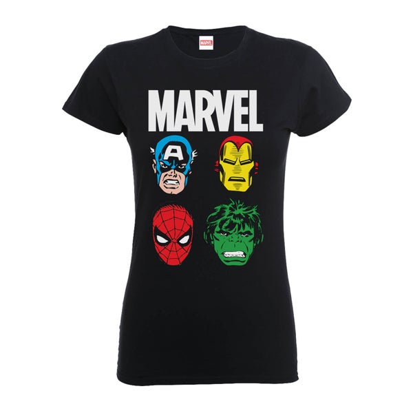 Marvel Comics Main Character Faces Women's Black T-Shirt