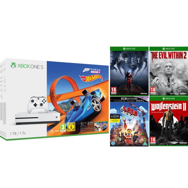 Xbox One S 1TB with Forza Horizon 3 Hot Wheels Bonus with The Lego Movie 4K, Wolfenstein II, Evil Within 2, Prey