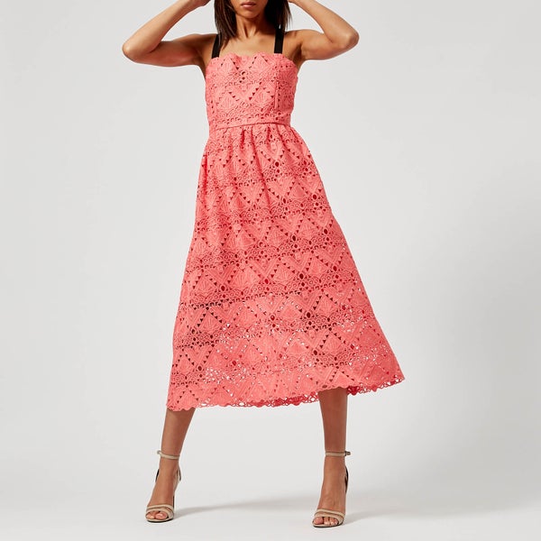 Perseverance London Women's Aztek Guipure Lace Strappy Midi Dress - Coral Pink