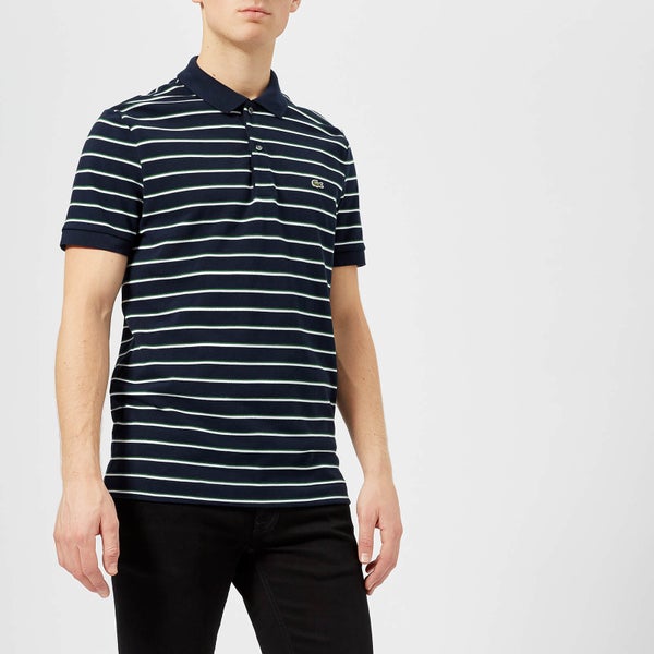 Lacoste Men's Short Sleeved Striped Polo Shirt - Navy Blue/White-Green