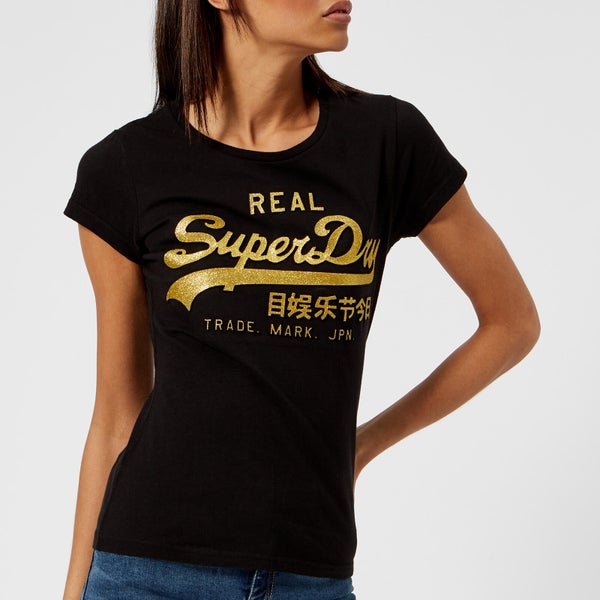 Superdry Women's Vlogo Emboss Glitter Entry T-Shirt - Black