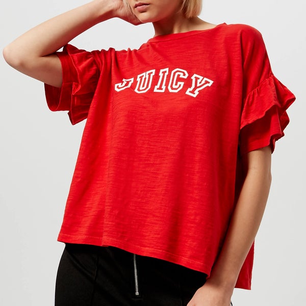 Juicy Couture Women's Juicy Logo Ruffle Sleeve Graphic T-Shirt - Red