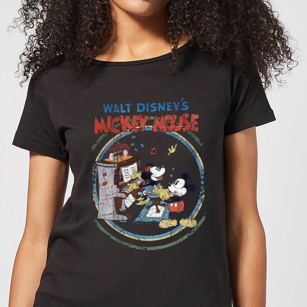 T-Shirt Femme Mickey & Minnie Mouse Piano Rétro (Disney) - Noir