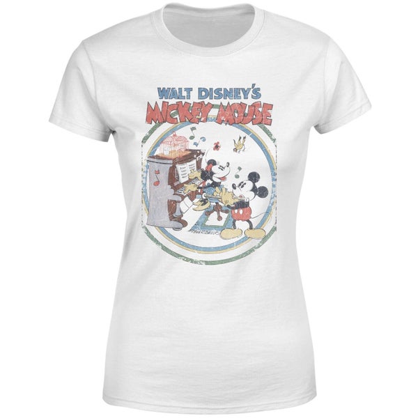Disney Mickey Mouse Retro Poster Piano Women's T-Shirt - White