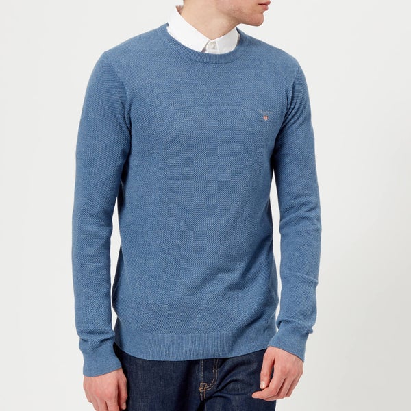 GANT Men's Cotton Pique Crew Neck Sweatshirt - Mid Denim Blue Melange