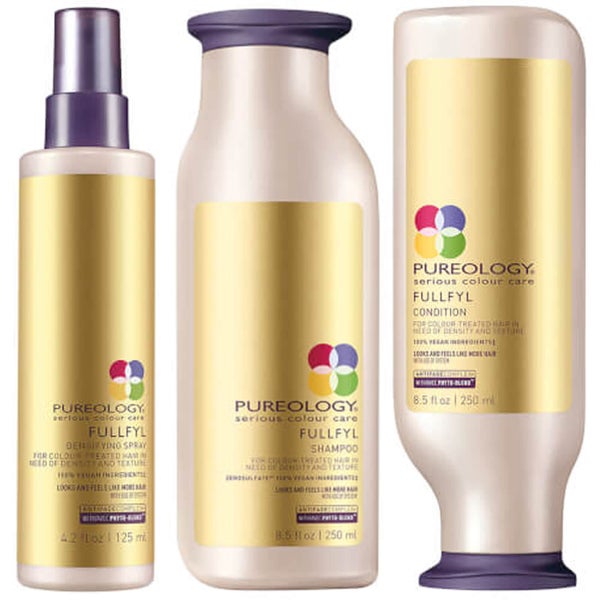 Produkttrio med Pureology Fullfyl Colour Care sjampo, balsam og Densify-spray