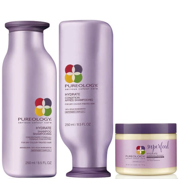 Pureology Hydrate Colour Care -shampoo, -hoitoaine ja Superfood Mask -hiusnaamio