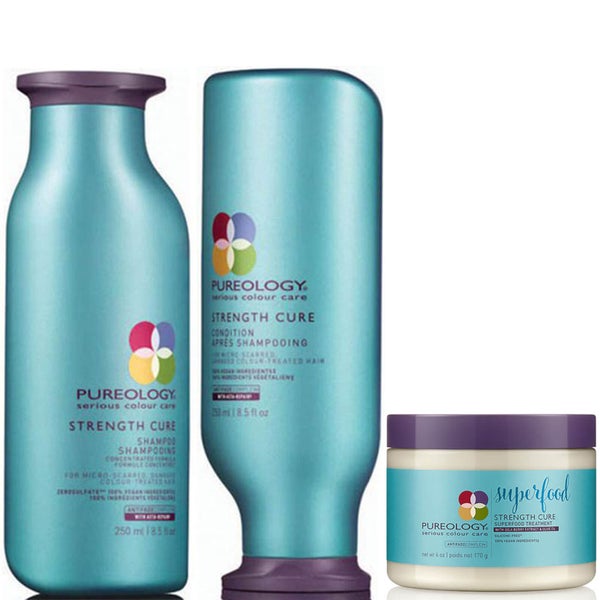 Pureology Strength Cure Colour Care Shampoo, Conditioner and Superfood Treatment Trio szampon, odżywka i kuracja do włosów