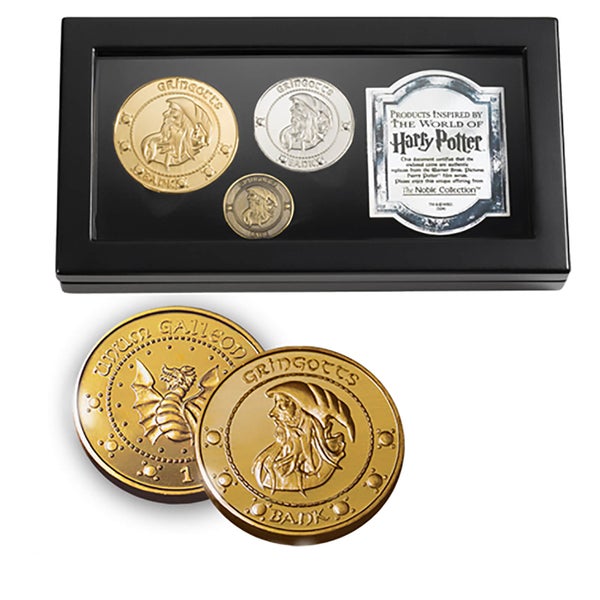 Collection de pièces de la banque Gringotts de Harry Potter comprenant le galion, la faucille et le knut