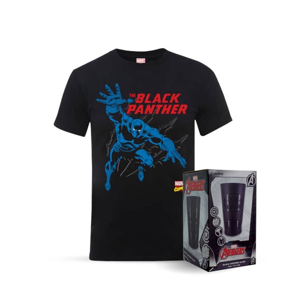 Marvel Comics The Black Panther T-Shirt and Exclusive Black Matte Glass Bundle
