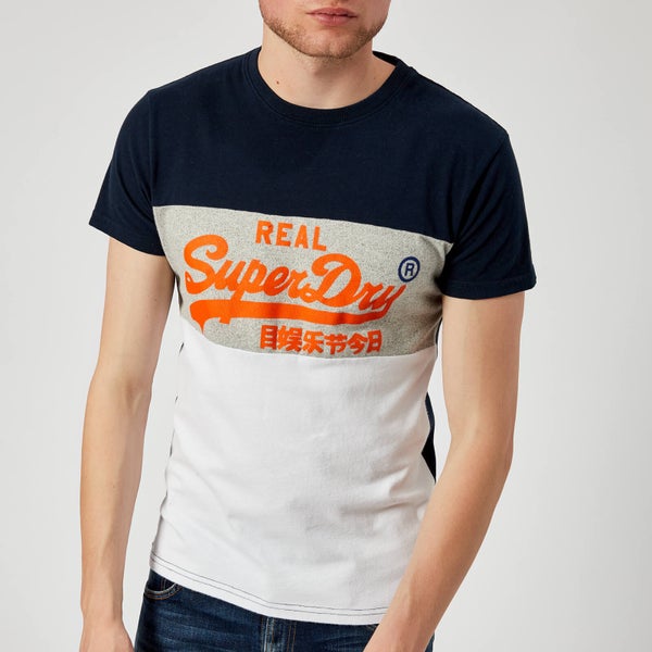 Superdry Men's Vintage Logo Panel T-Shirt - Optic/Silver Birds Eye Grey/Classic Blue