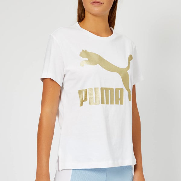 Puma Women's Classics Logo Short Sleeve T-Shirt - Puma White-Gold