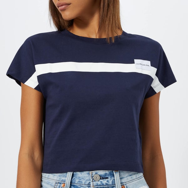 Calvin Klein Jeans Women's Placement Stripe Slim Fit Cropped T-Shirt - Peacoat