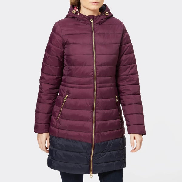 Joules Women's Heathcote Mid Length Colour Block Quilted Coat with Hood - Italian Plum